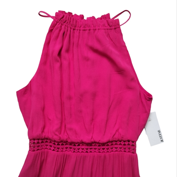 New JustFab Hot Pink Crochet Trim High Halter Sleeveless Maxi Dress - Picture 4 of 15